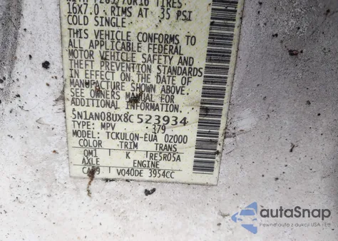 2008 Nissan Xterra X из США, поврежденный, VIN 5N1AN08UX8C523934